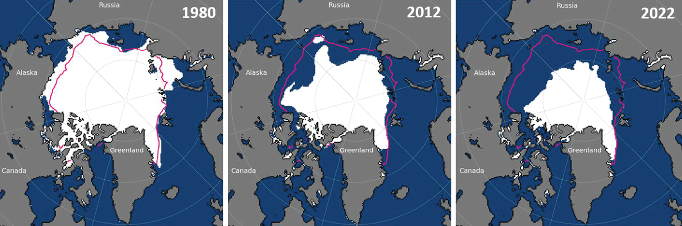 Three maps have gray land areas, blue Arctic Ocean water, and white ice areas showing
                     changes in the amount and distribution of ice in September 1980, 2012, and 2022.