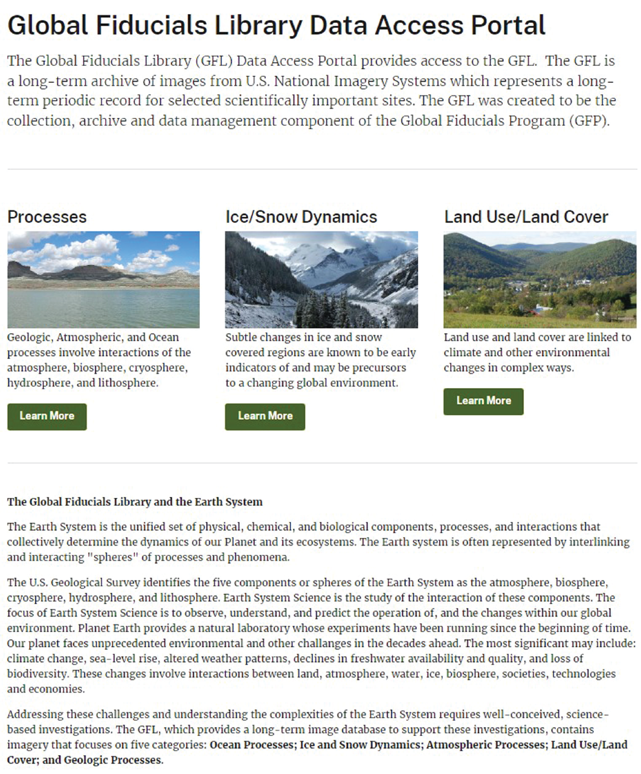 Text and 3 photos are reproduced from the web page for the Global Fiducials Library
                     Data Access Portal, which has imagery focused on 5 categories.