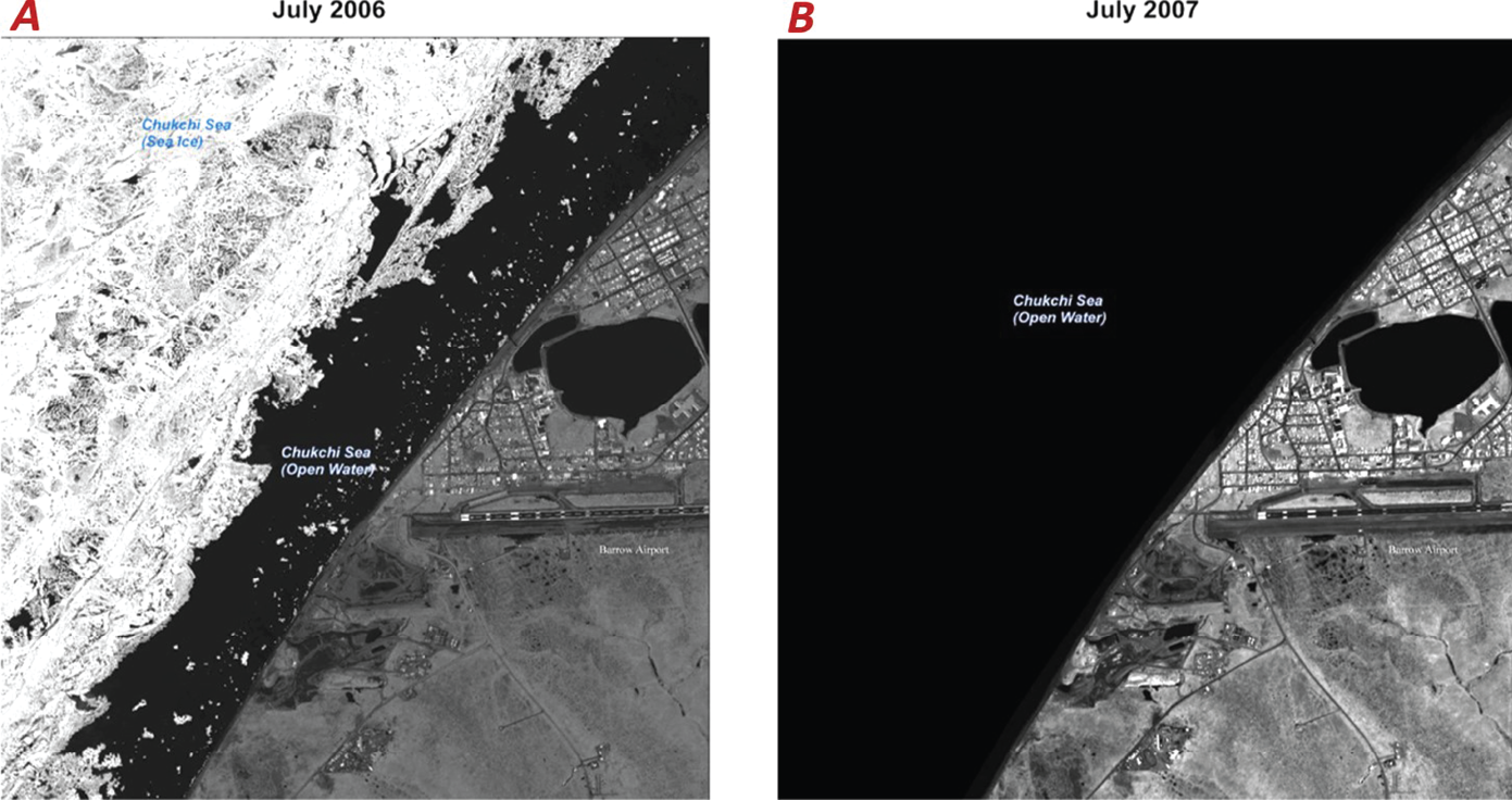 Two black-and-white images of the same Barrow, Alaska, site taken in July 2006 and
                        July 2007 show ice closer to shore in 2006.