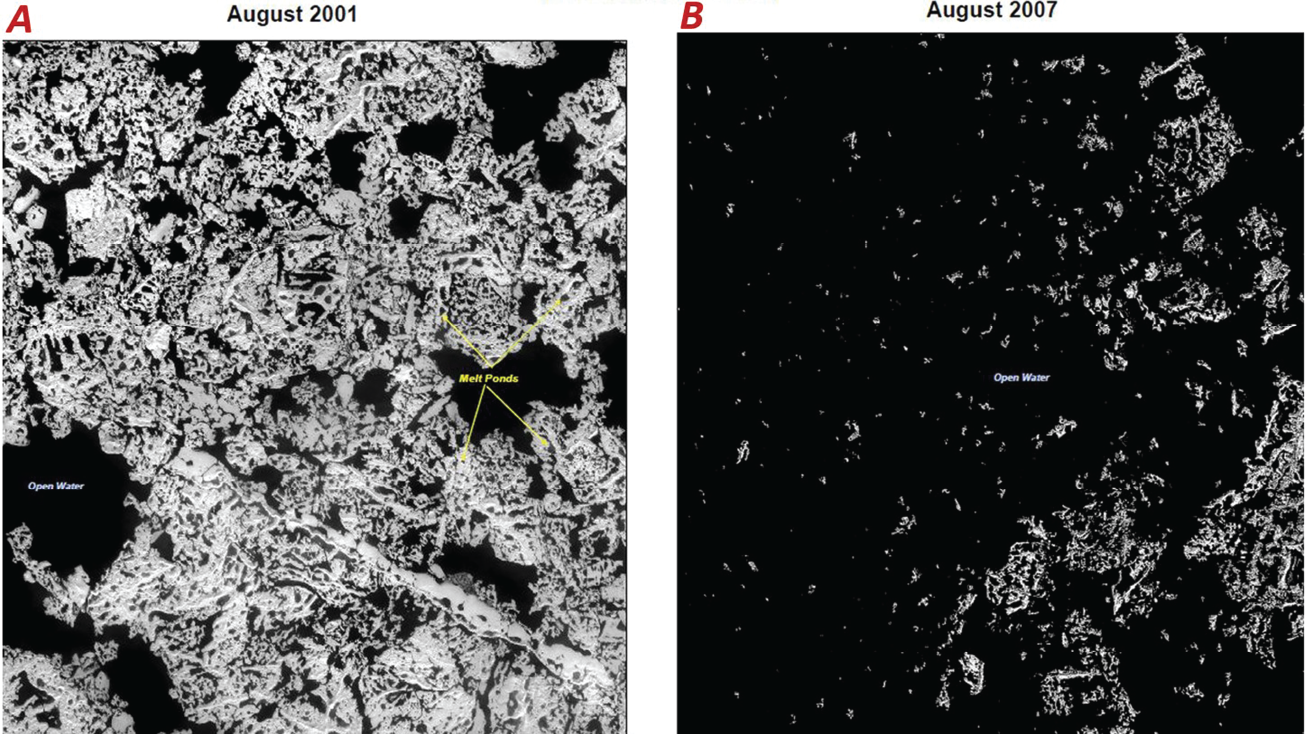 Two black-and-white images of the same Beaufort Sea site taken in August 2001 and
                        August 2007 show more sea ice in 2001.