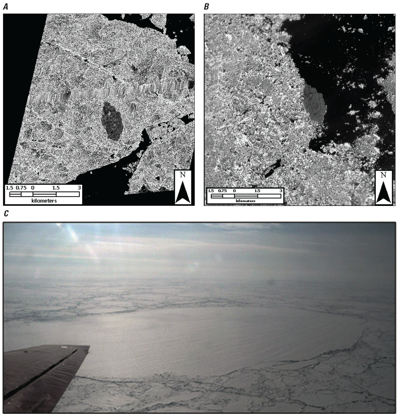 In 2 LIDPs, an ice island appears as a dark-gray oval; a colored air photo shows light
                           shining on the smooth surface of the same ice island.
