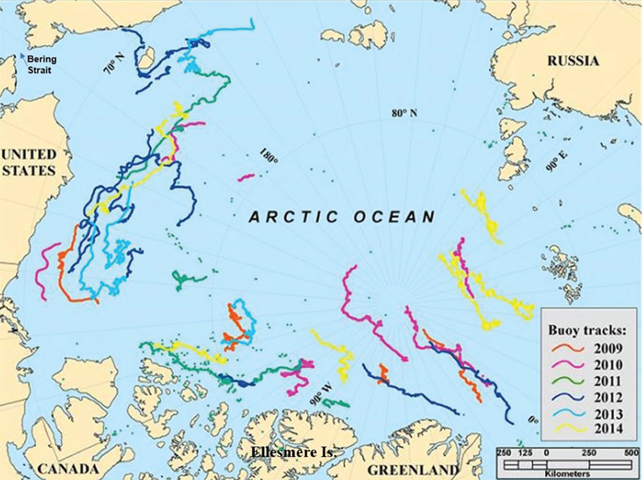 Colored lines on a map of the Arctic Ocean show buoy tracks for different years, 2009-2014.
