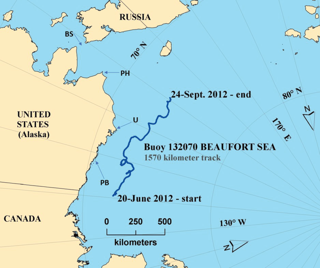 A blue line on a map of the Beaufort Sea shows the track of an ice island in 2012.