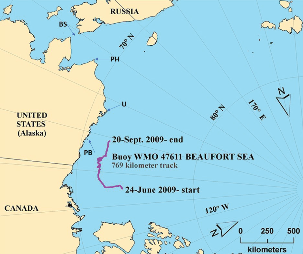 A purple line on a map of the Beaufort Sea shows the track of a buoy in 2009.