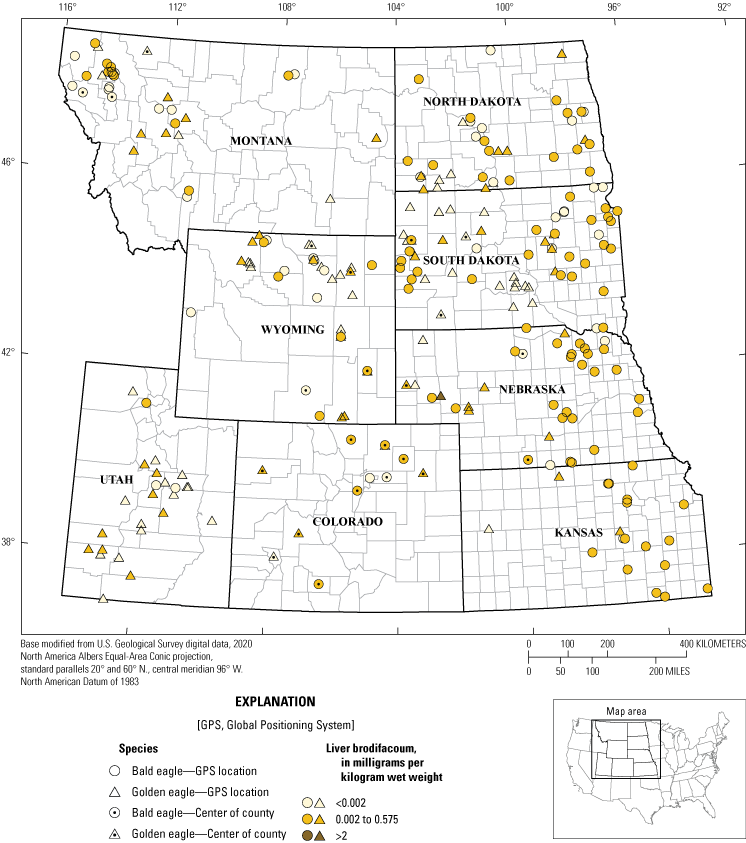 More brodifacoum concentrations are in North Dakota, South Dakota, and Nebraska than
                        in the other States shown.