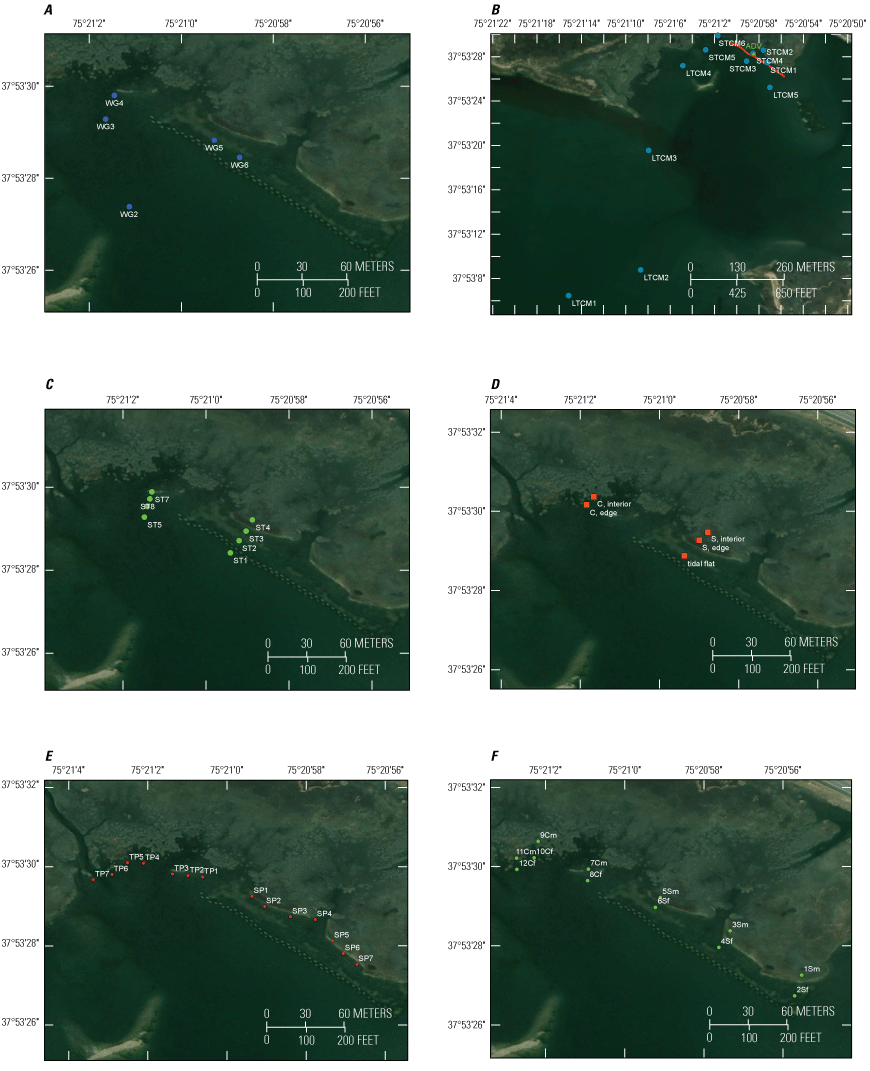 Figure 2. Maps show study area wave gages, current meters, sediment traps and tiles,
                        erosion pins, and marsh/tidal flat cores.