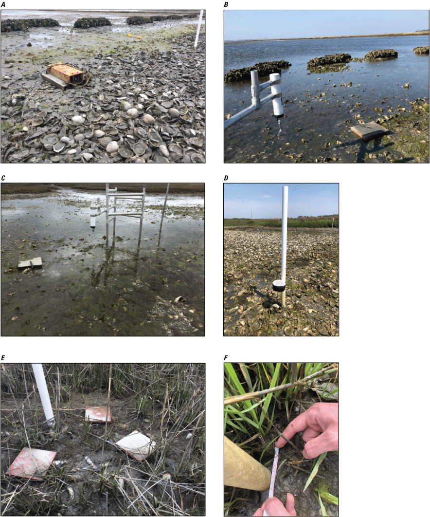 Figure 3. Photos show deployed gages and meters, sediment pin/trap, sediment tiles
                        and marsh edge erosion pin along the shoreline.