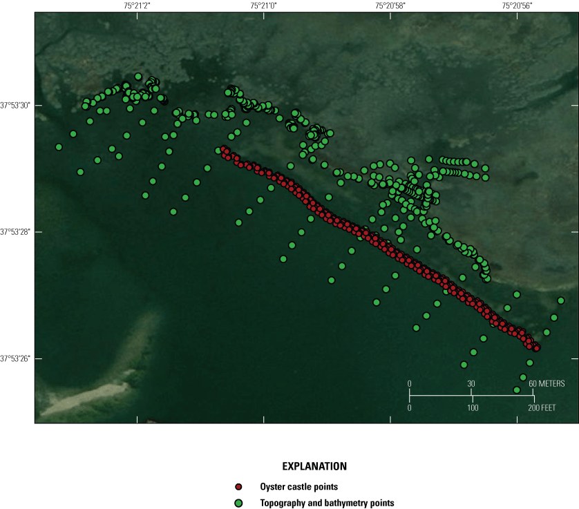 Figure 4. Map shows locations of topographic-bathymetric survey of study area and
                        oyster castles in the Little Toms Cove.