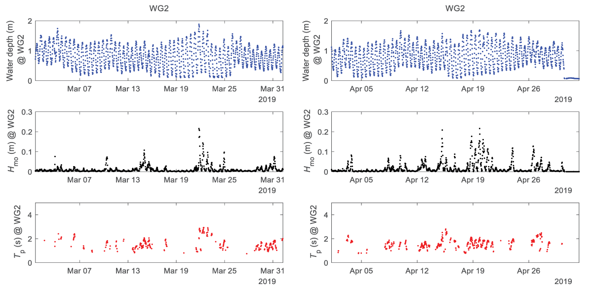 Figure 6. Graphs show time series of water depth, zero-moment wave height and peak
                        wave period at wave gage 2 in March and April 2019.