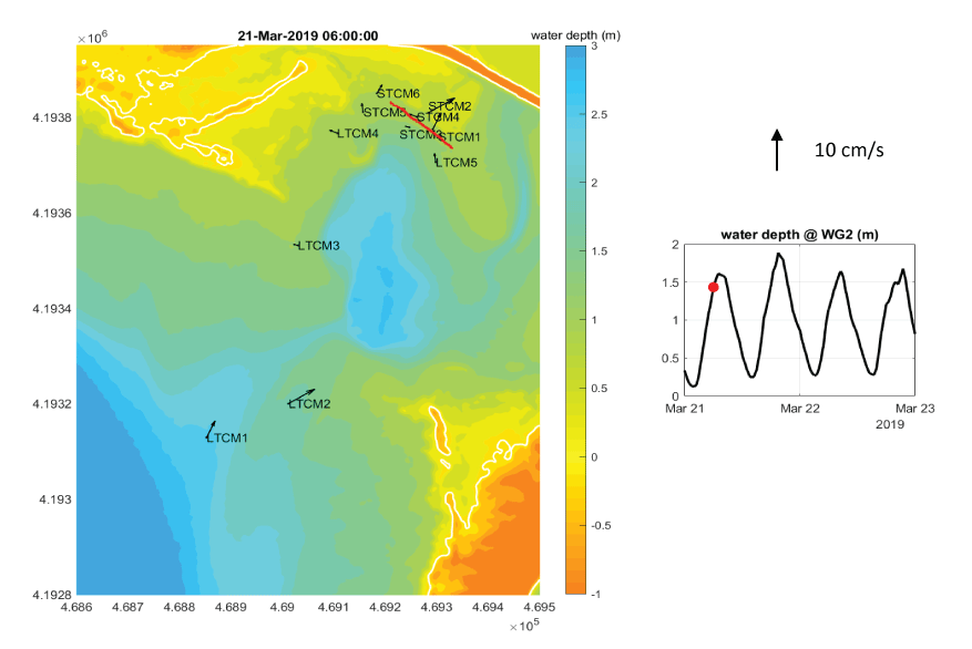 Figure 11. Maps shows snapshot of currents at all tilt current meters during a flood
                        tide on March 21, 2019, at 6 a.m.