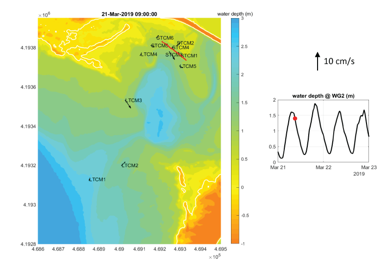 Figure 12. Map shows a snapshot of currents at all tilt current meters during an ebb
                        tide on March 21, 2019, at 9 a.m.