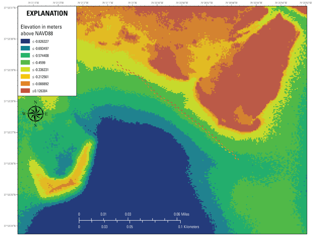 Figure 17. Map shows topography and bathymetry of the study area and oyster castles
                        in Little Toms Cove.