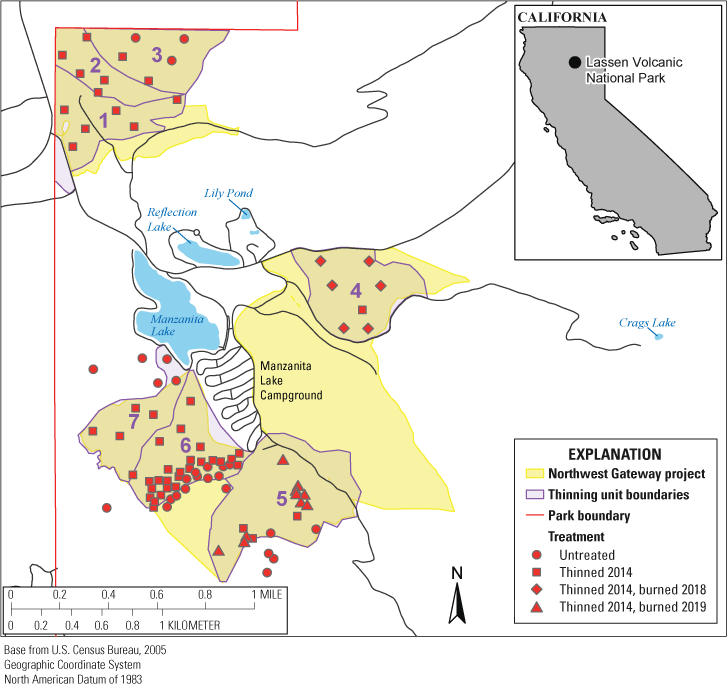 1.	Overview of the study site in Lassen Volcanic National Park, showing treatment
                        areas and plot locations.