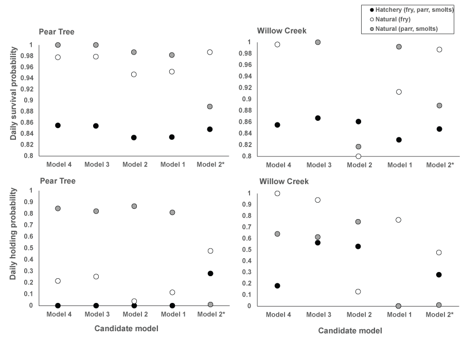 Graphs showing parameter estimates from the candidate density-independent and -dependent
                           survival and movement models fit to the Pear Tree and Willow Creek traps’ week abundance
                           estimates for juvenile Chinook salmon (Oncorhynchus tshawytscha). Model 2(asterisk)
                           represents the parameter estimates reported by Perry and others (2018a).