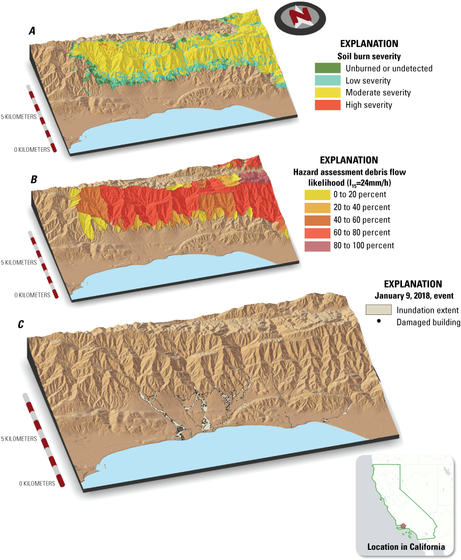 The maps displaying soil burn severity and likelihood of debris flow in the area in
                     and around Montecito, California.