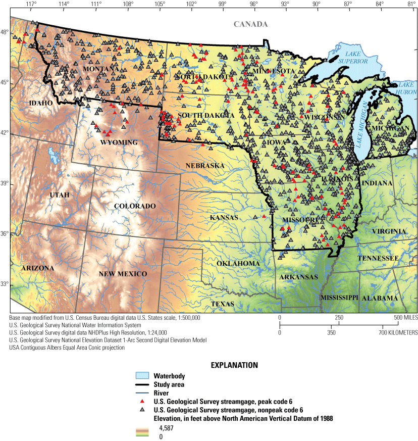 A map of U.S. Geological Survey streamgages in the study area of Illinois, Iowa, Michigan,
                        Minnesota, Missouri, Montana, North Dakota, and South Dakota. Most of the streamgages
                        are not qualified with a peak streamflow code 6. Some of the streamgages are qualified
                        with peak streamflow code 6.