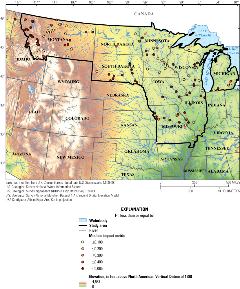 A map of the study area showing the streamgage basins that had an impact metric over
                        0.1 at some point in their active period of record and are therefore considered regulated.
                        The streamgage basins are symbolized as circles and colored according to their median
                        impact metric (across their period of record).