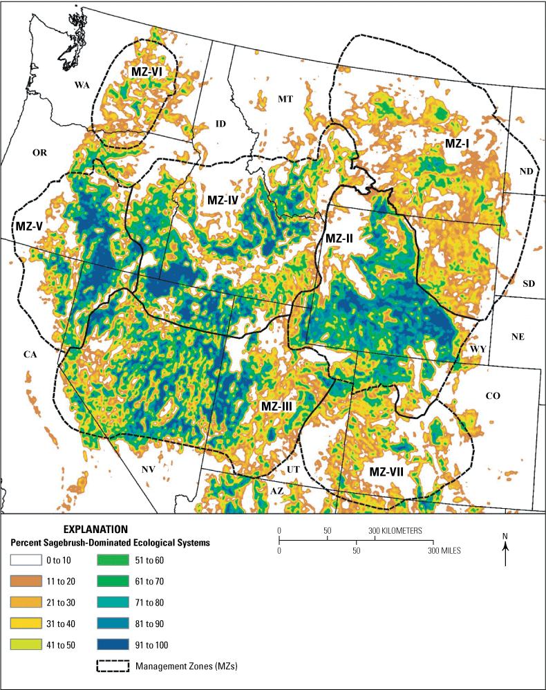 Map showing the landscape cover of sagebrush-dominated ecological systems in the western
                     United States (fig. 28 from Chambers and others, 2017).