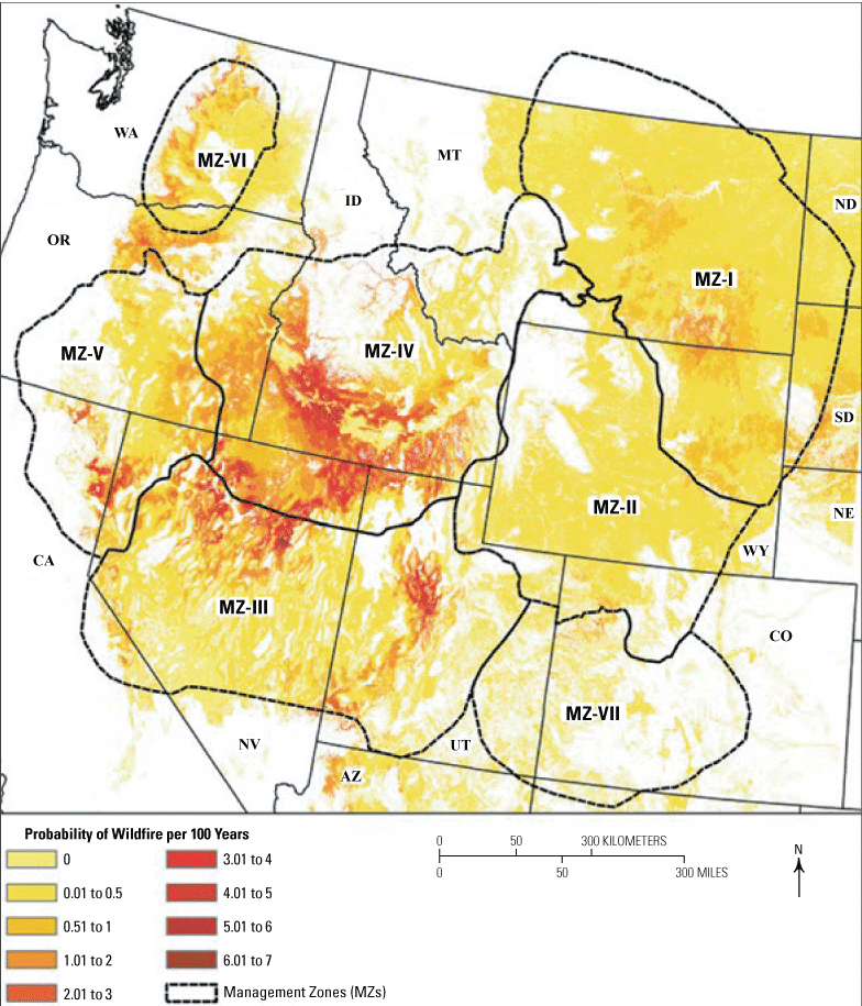 Map showing large fire probability for the sagebrush biome in the western United States
                     (fig. 34 from Chambers and others, 2017).