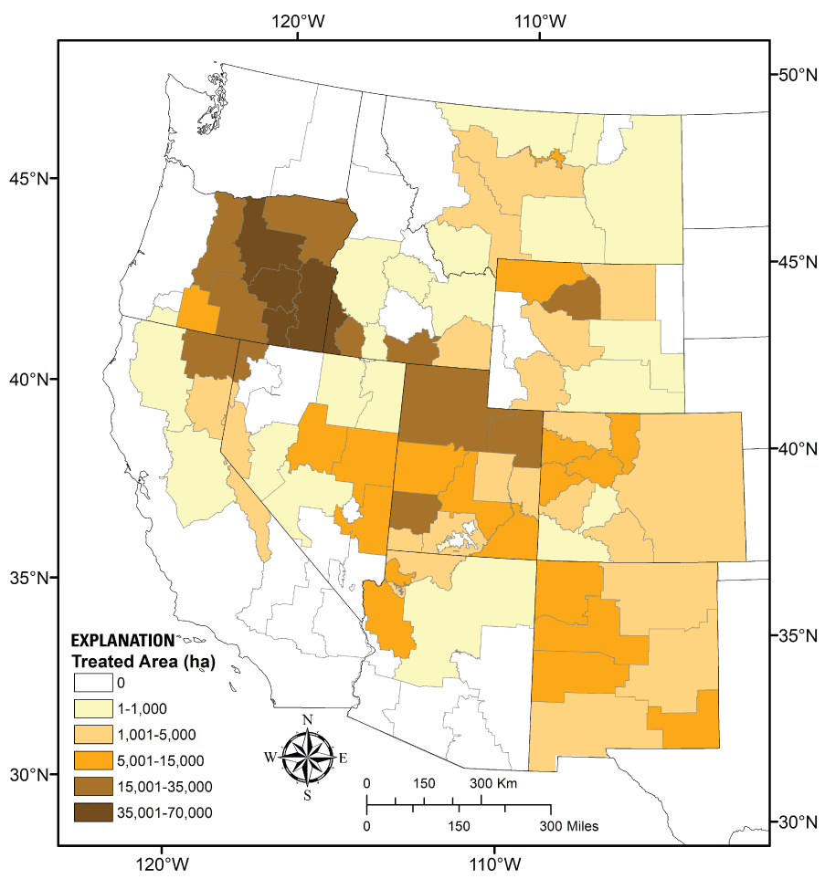 A map of the western United States depicting the total area of pinyon-juniper treatments
                        within BLM field office management unit boundaries. BLM field offices with the largest
                        total treated area are located in Oregon, Idaho, and Utah, while eight other western
                        states have less area treated by field office.