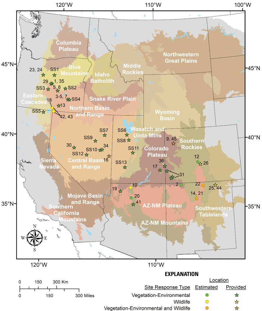 A map of the locations of vegetation-environmental and wildlife study sites used in
                           this review, superimposed on ecoregions of the western United States, with most study
                           sites located in or near the Central Basin and Range and Northern Basin and Range
                           ecoregions and secondarily scattered within or near the Colorado Plateau.