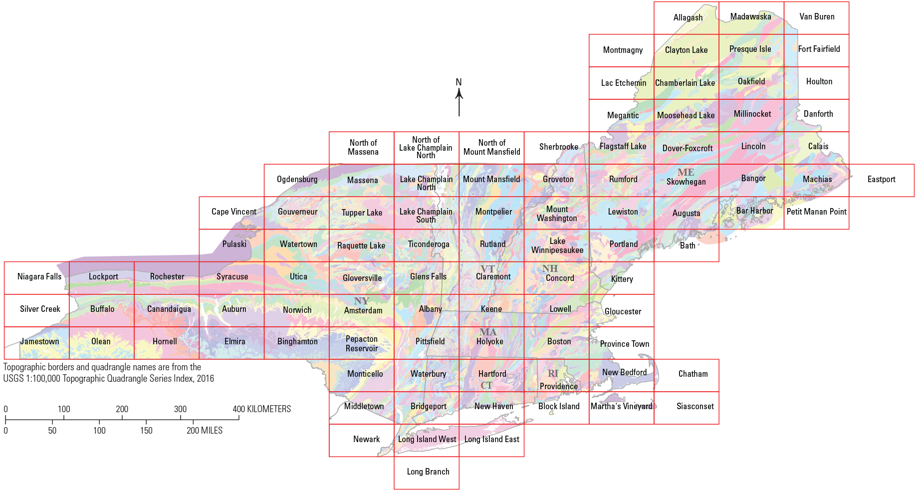 Map is subdivided into 97 individually named quadrangles.