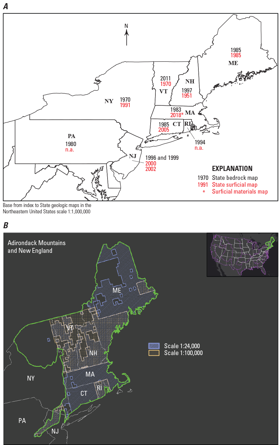 For 3A, Pennsylvania and Rhode Island lack State surficial maps; New Jersey has two
                        State surficial and State bedrock maps.