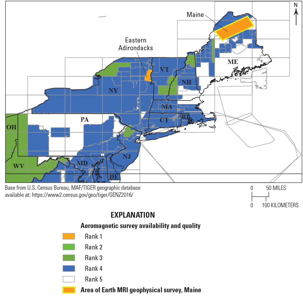 Five categories (ranks 1–5) of aeromagnetic survey availability and quality are shown.