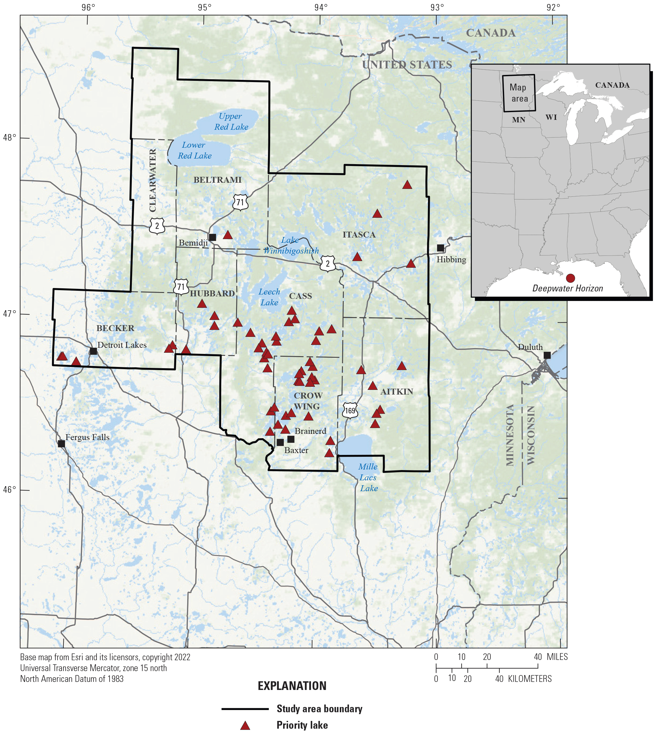 Priority lakes are mostly in the southern one-half of the study area.