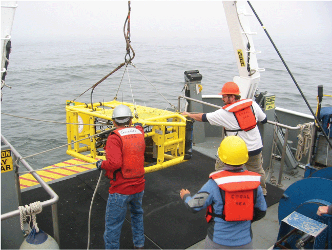 Figure 2. A camera sled is being launched from a boat to provide a ground-truth survey
                     transect.