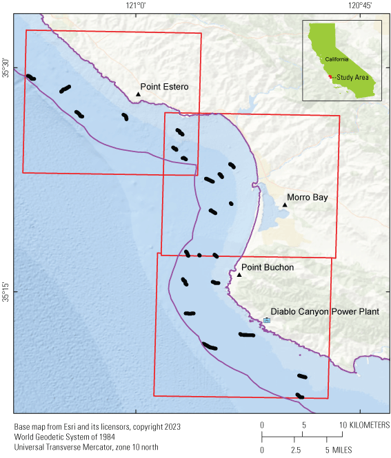 Figure 3. The locations of video observations of substrate and other attributes used
                        for analysis within the three California Seafloor Mapping Programming blocks in the
                        south-central California study area.