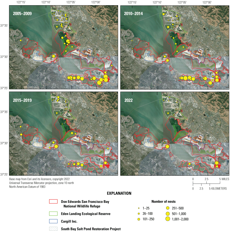 2. Waterbird nest distribution during four periods from 2005 to 2022.