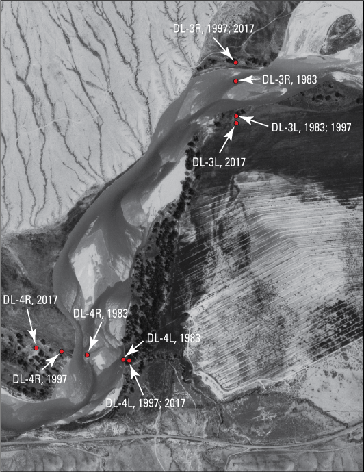 4.	Aerial photograph showing the locations of the DL-3 and DL-4 cross-section endpoints
                     in the 1983, 1997, and 2017 surveys.