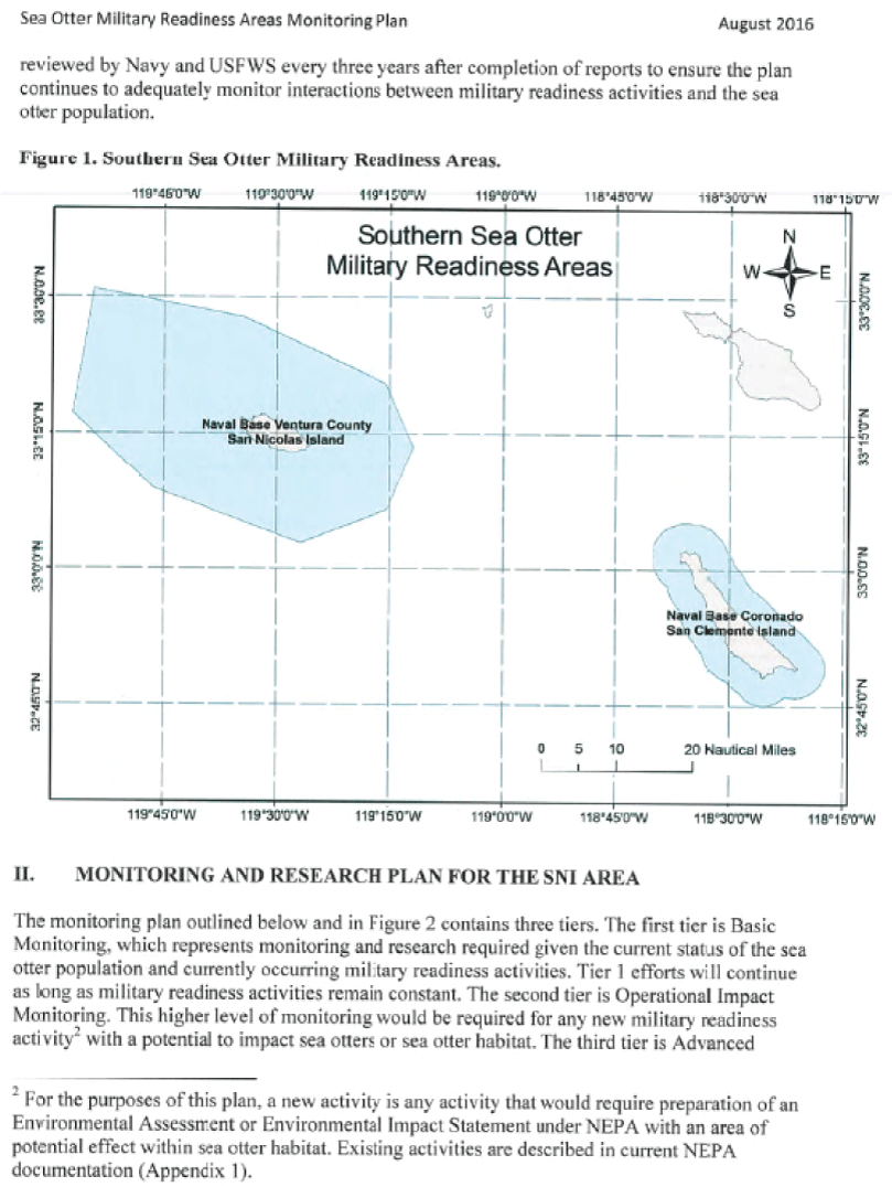 1.2.	Page 2 of Monitoring and Research Plan for Southern Sea Otter Military Readiness
               Area: Map of readiness areas; monitoring and research plan.
