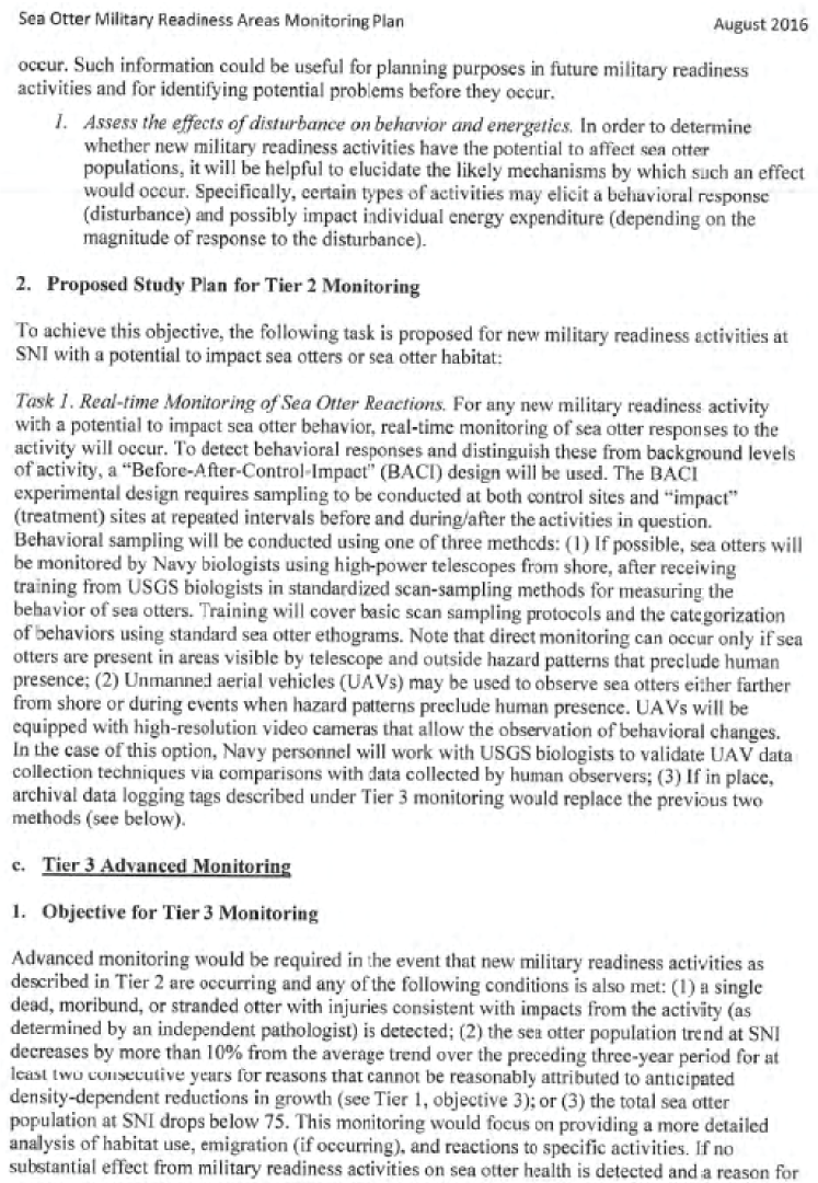 1.7.	Page 7 of Monitoring and Research Plan for Southern Sea Otter Military Readiness
               Area: Study plan for tier 2 monitoring; objectives for tier 3 monitoring.