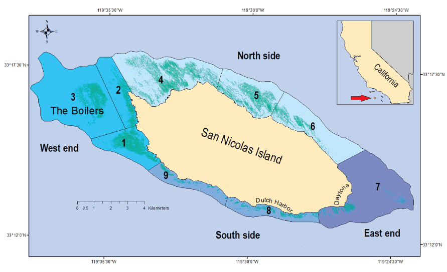 1.	Nine offshore areas surround the perimeter of San Nicolas Island, California, and
                     include the presence of kelp.