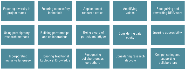 A three by five block grid of suggested strategies or approaches considering data
                     equity, incorporating inclusive language, and ensuring accessibility.