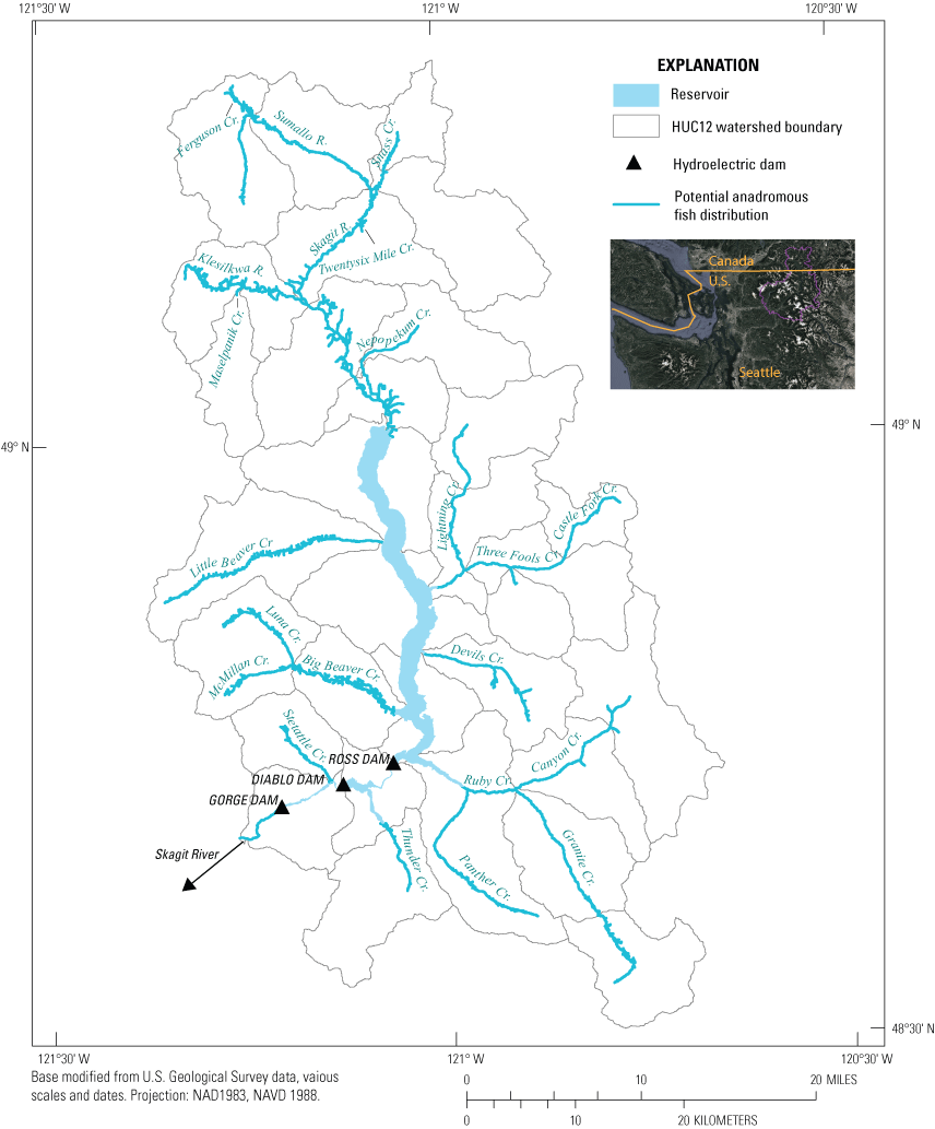 Extent of potential anadromous fish distribution in several tributaries to the upper
                     Skagit River, Whatcom County, northern Washington.