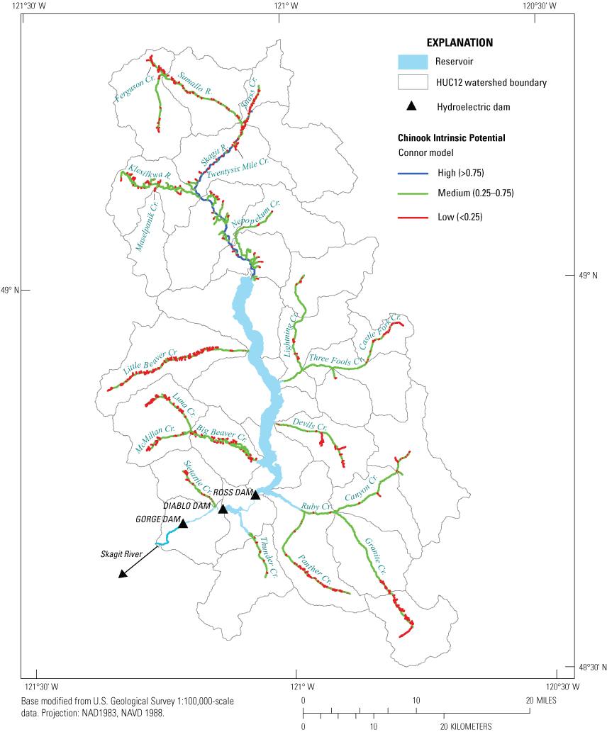 Results of intrinsic potential analysis for Chinook salmon based on the Connor IP
                           model. For the main-stem Skagit River, each target tributary, and non-targeted tributary
                           reaches the amount of high, medium, or low intrinsic potential habitat reaches is
                           shown for the potential fish distribution given in figure 1.