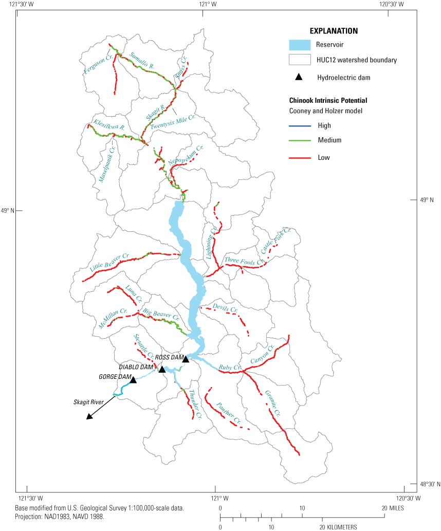 Map showing high, medium, and low intrinsic potential scores for Chinook salmon (Oncorhynchus
                           tshawytscha) derived from the Cooney and Holzer intrinsic potential model applied
                           to tributary and main-stem habitat upstream from the Skagit River Hydroelectric Project
                           dams, in northern Washington.