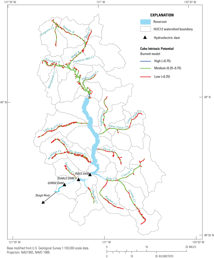 Results of intrinsic potential analysis for coho salmon based on the Burnett intrinsic
                           potential model. For the main-stem Skagit River, each target tributary, and non-targeted
                           tributary reaches the amount of high, medium, and low intrinsic potential habitat
                           reaches is shown for the potential fish distribution given in figure 1.