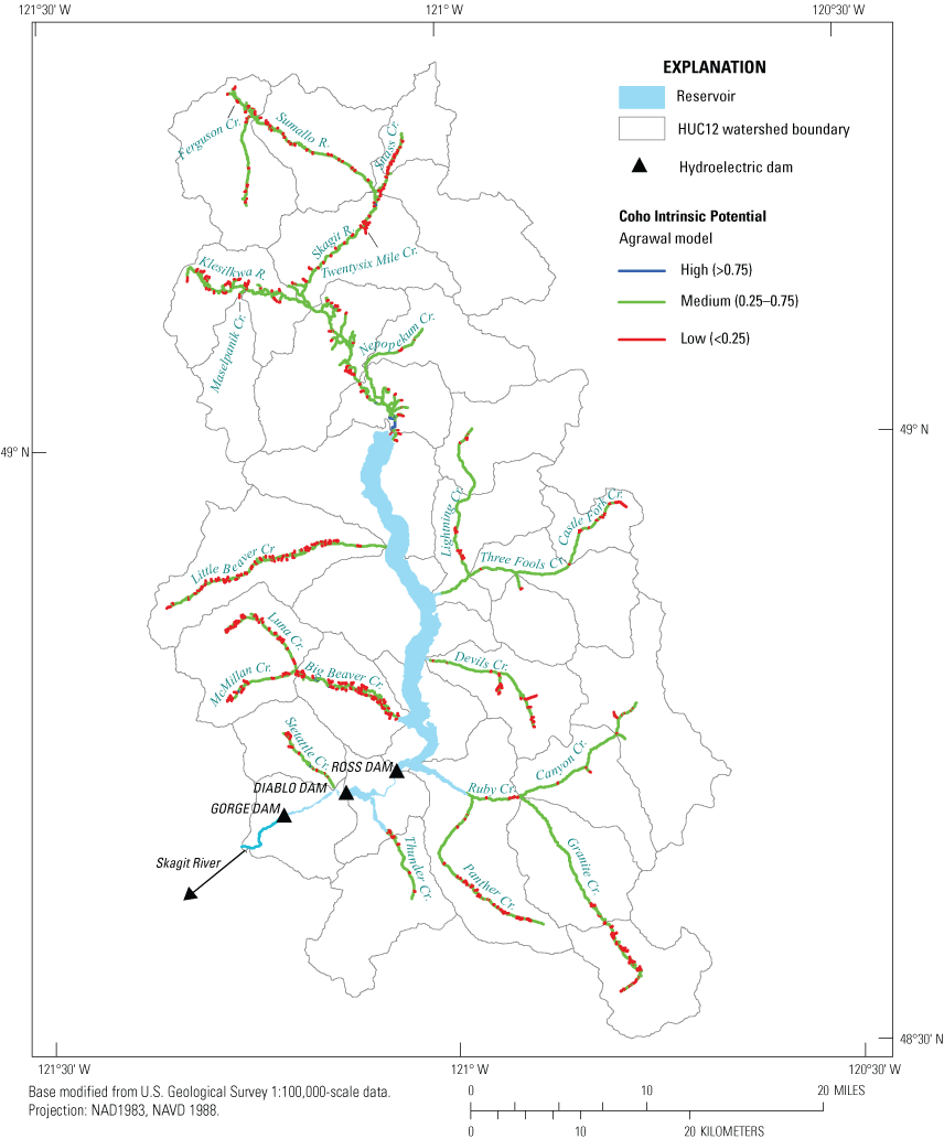 Map showing high (greater than 0.75), medium (0.25–0.75), and low (less than 0.25)
                           intrinsic potential scores for coho salmon (Oncorhynchus kisutch) derived from the
                           Agrawal intrinsic potential model applied to tributary and main-stem habitat upstream
                           from the Skagit River Hydroelectric Project dams, in northern Washington.