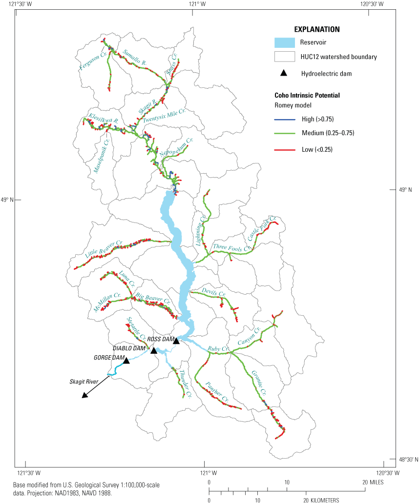 Results of intrinsic potential analysis for coho salmon based on the Romey intrinsic
                           potential model. For the main-stem Skagit River, each target tributary, and non-targeted
                           tributary reaches the amount of high, medium, and low intrinsic potential habitat
                           reaches is shown for the potential fish distribution given in figure 1.