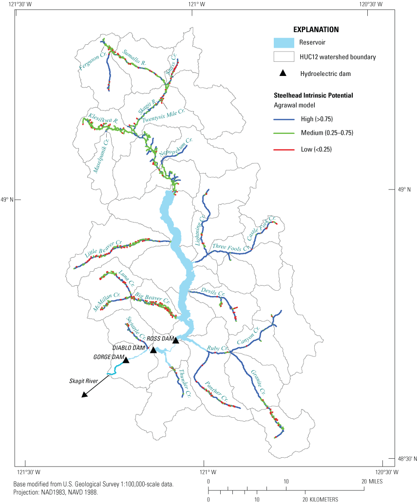 Results of intrinsic potential analysis for steelhead based on the Agrawal intrinsic
                           potential model. For the main-stem Skagit River, each target tributary, and non-targeted
                           tributary reaches the amount of high, medium, and low intrinsic potential habitat
                           reaches is shown for the potential fish distribution given in figure 1.