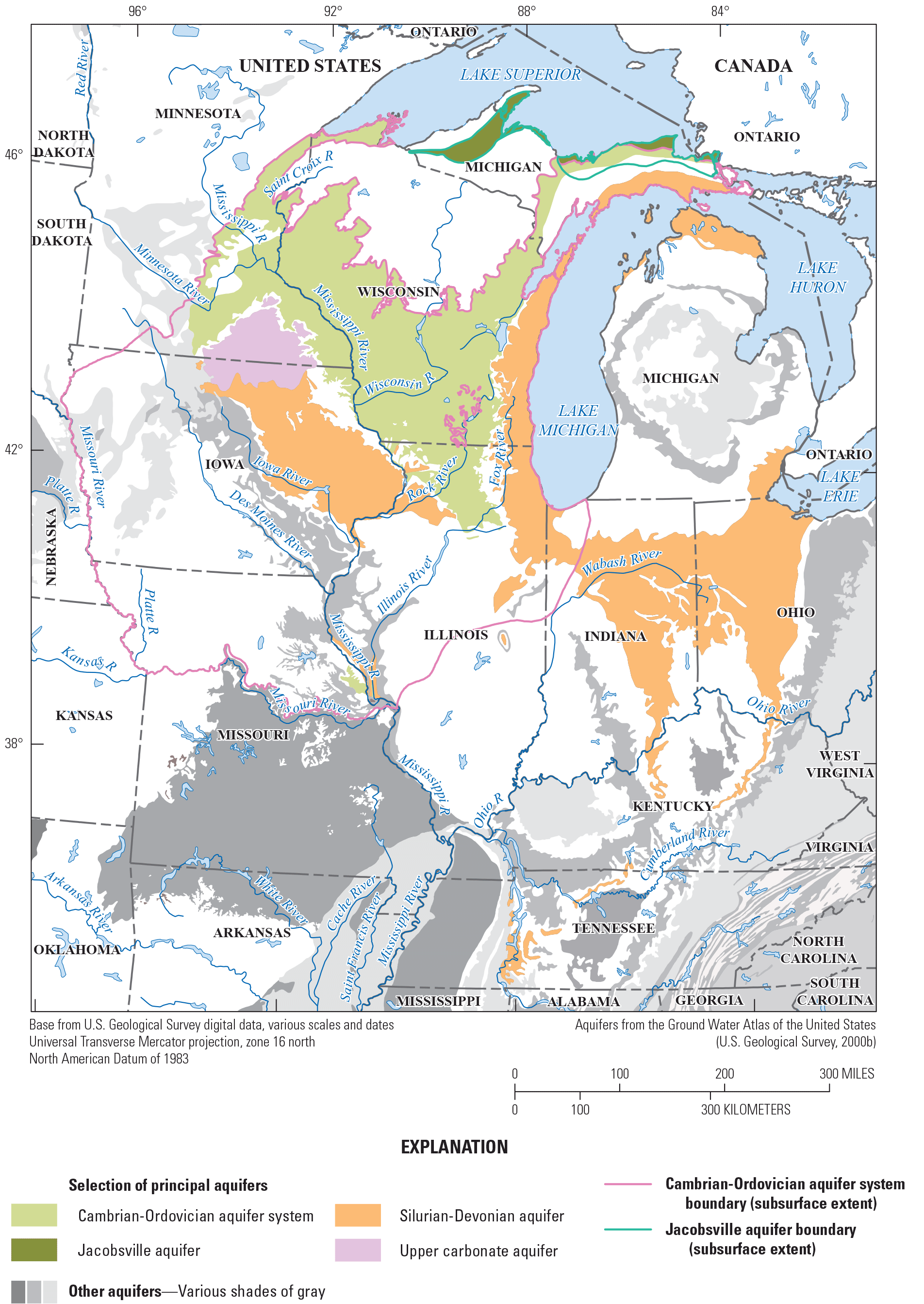 The Cambrian-Ordovician aquifer system in Minnesota, Wisconsin, Illinois, and Michigan;
                     the Jacobsville aquifer in Michigan; the Upper carbonate aquifer in Minnesota and
                     Iowa; and the Silurian-Devonian aquifer in Iowa, Wisconsin, Illinois, Michigan, Indiana,
                     and Ohio.