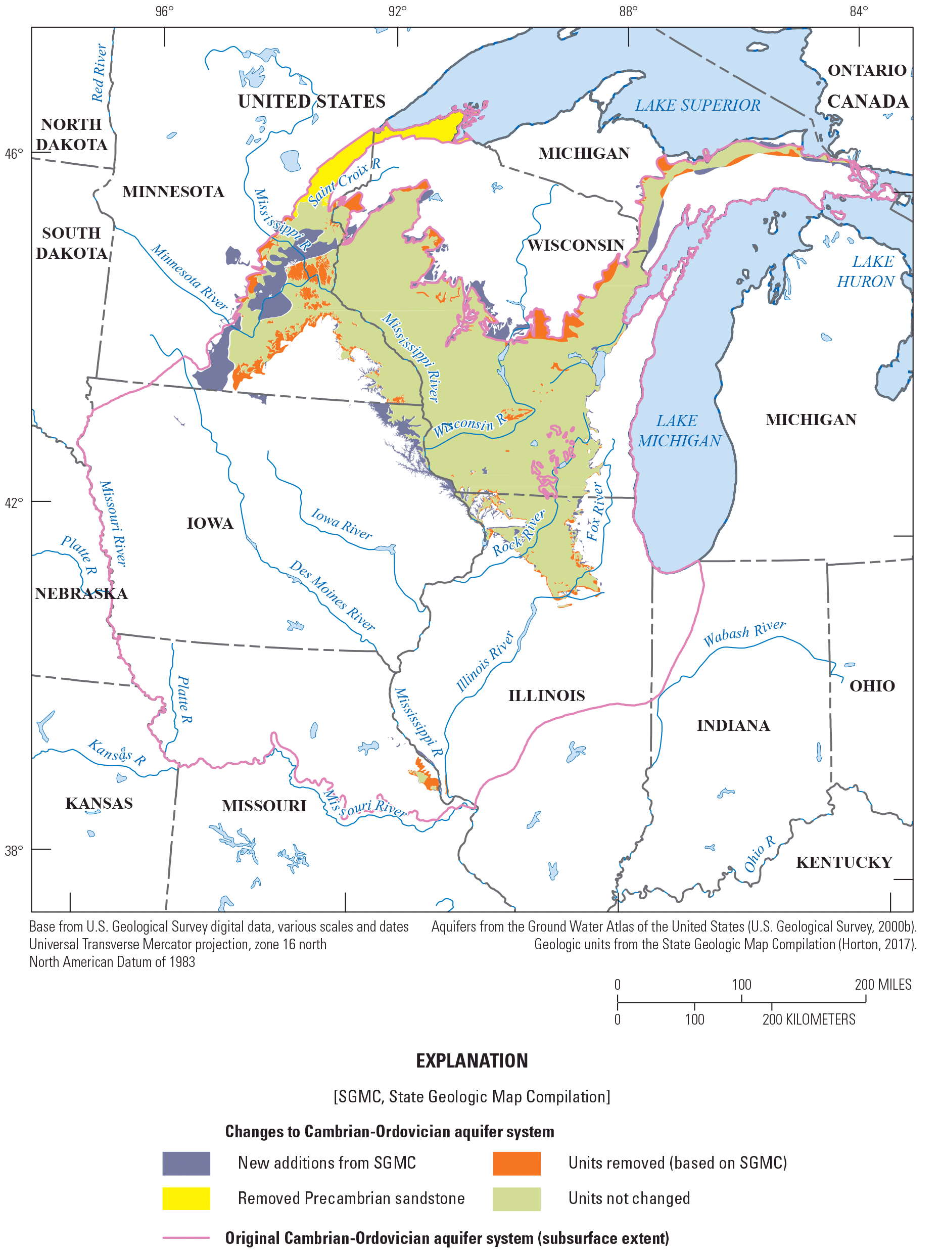 Increased level of spatial detail in the extent of the Cambrian-Ordovician aquifer
                        system, particularly the locations of units removed from and added to the boundary.