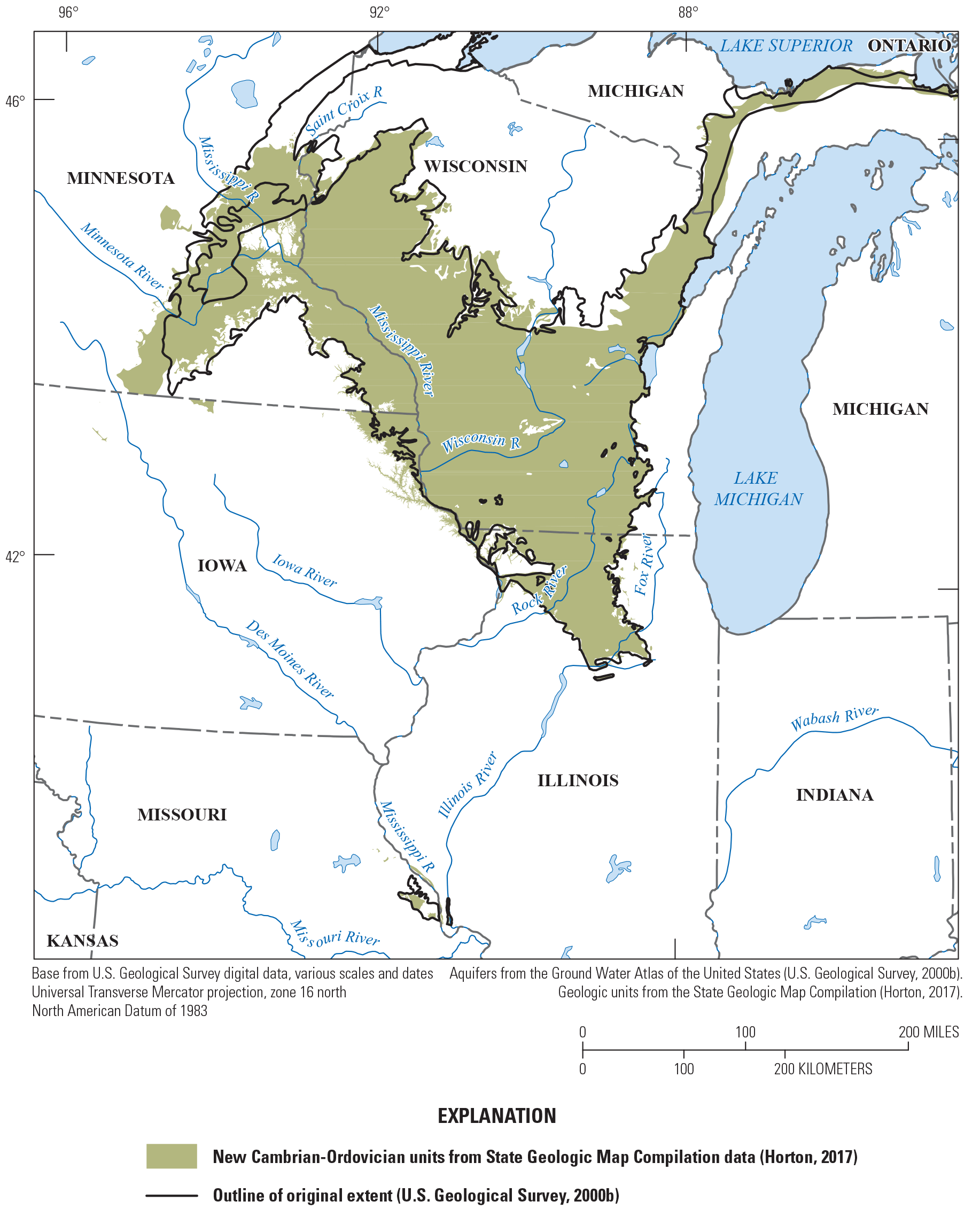 Contrast of the old outline of the Cambrian-Ordovician aquifer system with the revised
                        boundary.