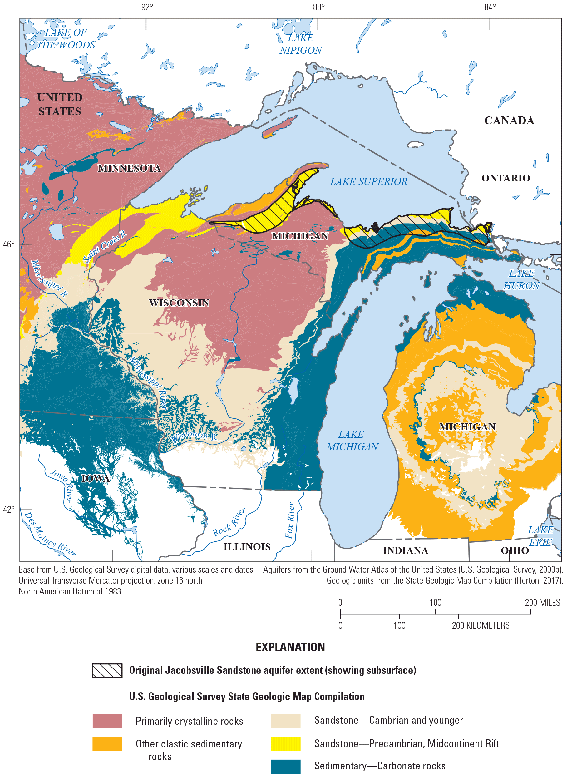 The rock types in Minnesota, Wisconsin, and Michigan, that highlights the locations
                        of sandstones inside and outside the original boundary of the Jacobsville aquifer.