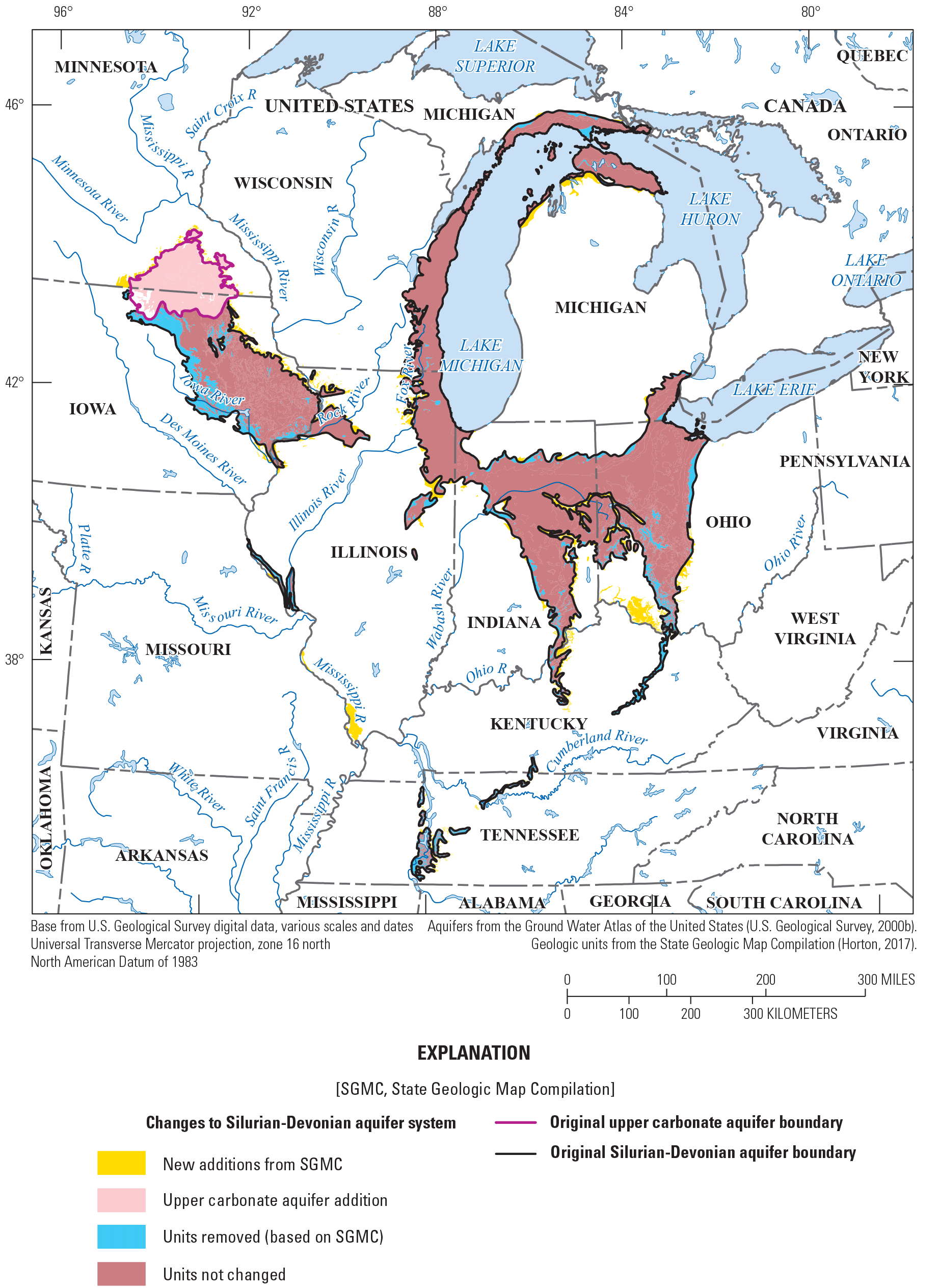 Increased level of spatial detail in the extent of the Silurian-Devonian aquifer system,
                        including units removed from and added to the boundary.