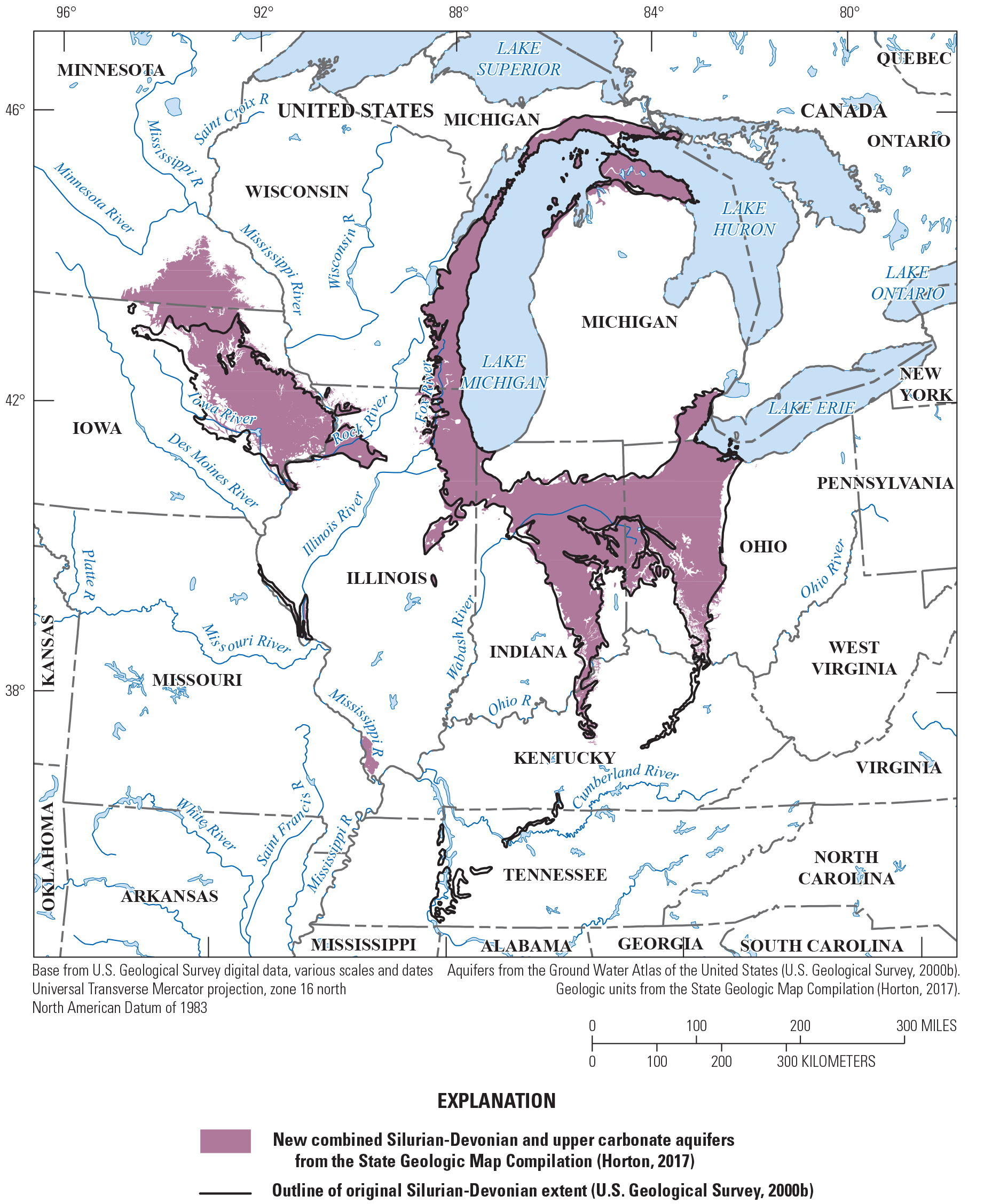 Contrast of the old outline of the Silurian-Devonian aquifer with the revised boundary
                        that includes the upper carbonate aquifer.